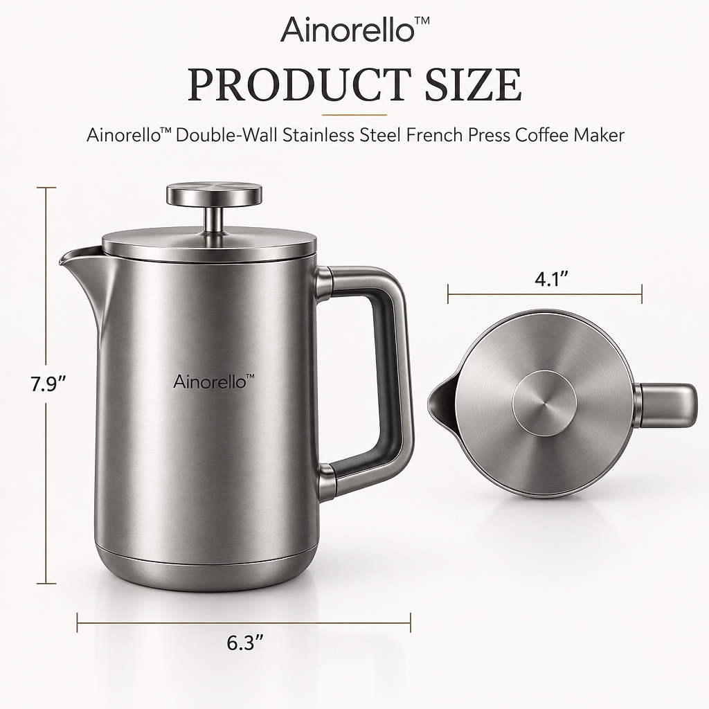 Ainorello™ Double-Wall Stainless Steel French Press dimensions