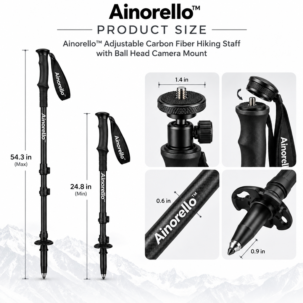Ainorello™ Carbon Fiber Hiking Staff with Camera Mount dimensions