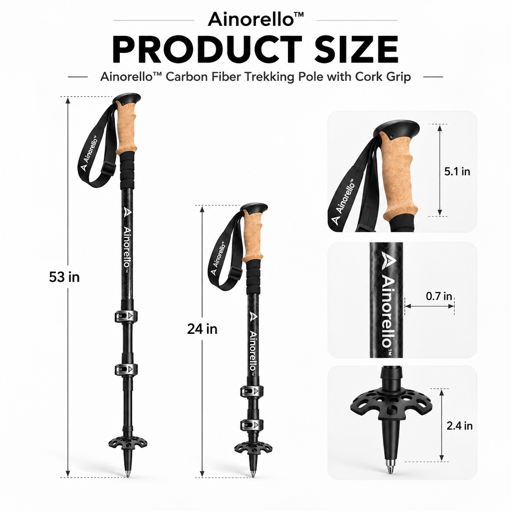 Ainorello™ Carbon Fiber Trekking Pole with Cork Grip dimensions