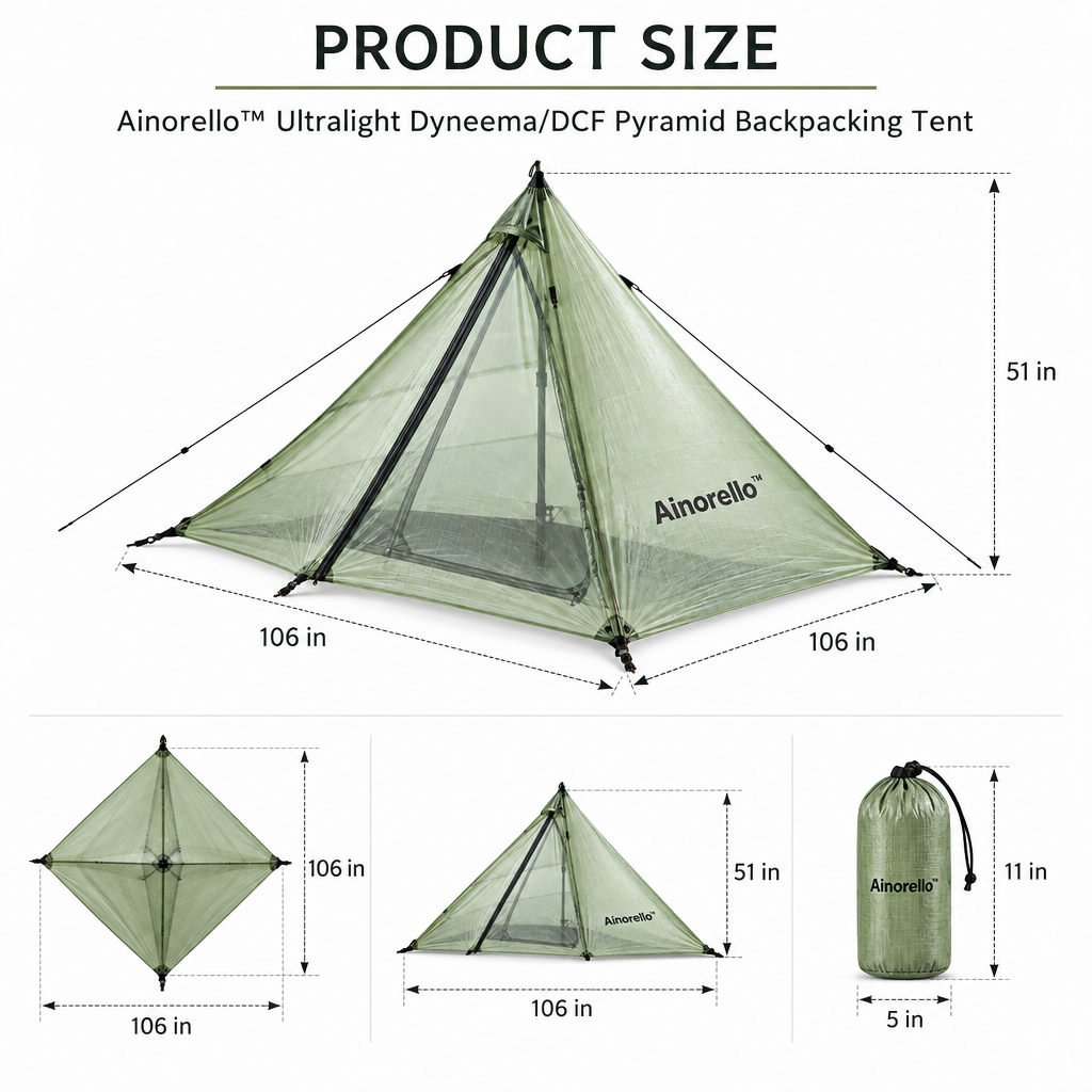 Ainorello™ Ultralight DCF Pyramid Backpacking Tent dimensions