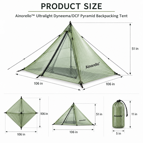 Ainorello™ Ultralight DCF Pyramid Backpacking Tent dimensions